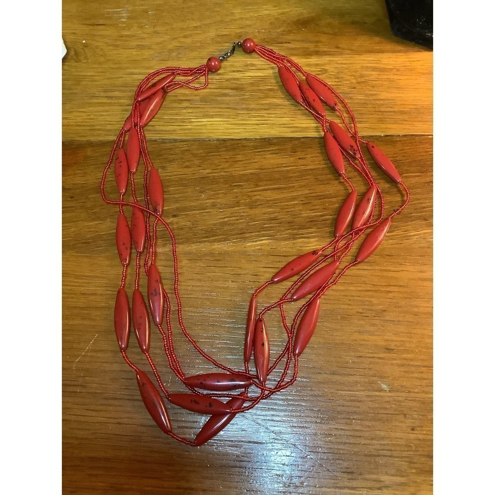 Red Multi Strand Seed Bead Marquise Necklace Boho Statement 24 in - Picture 2 of 3